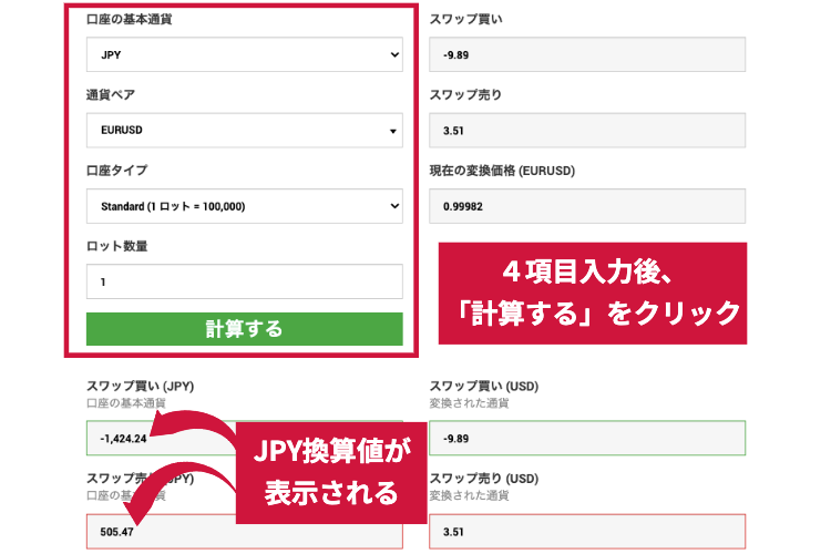 XM スワップ計算機 確認方法