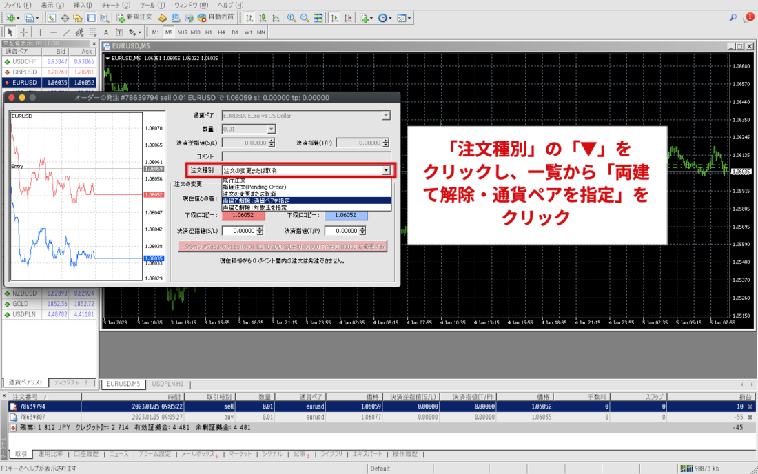 XM MT4 「両建て解除・通貨ペアを指定」をクリック