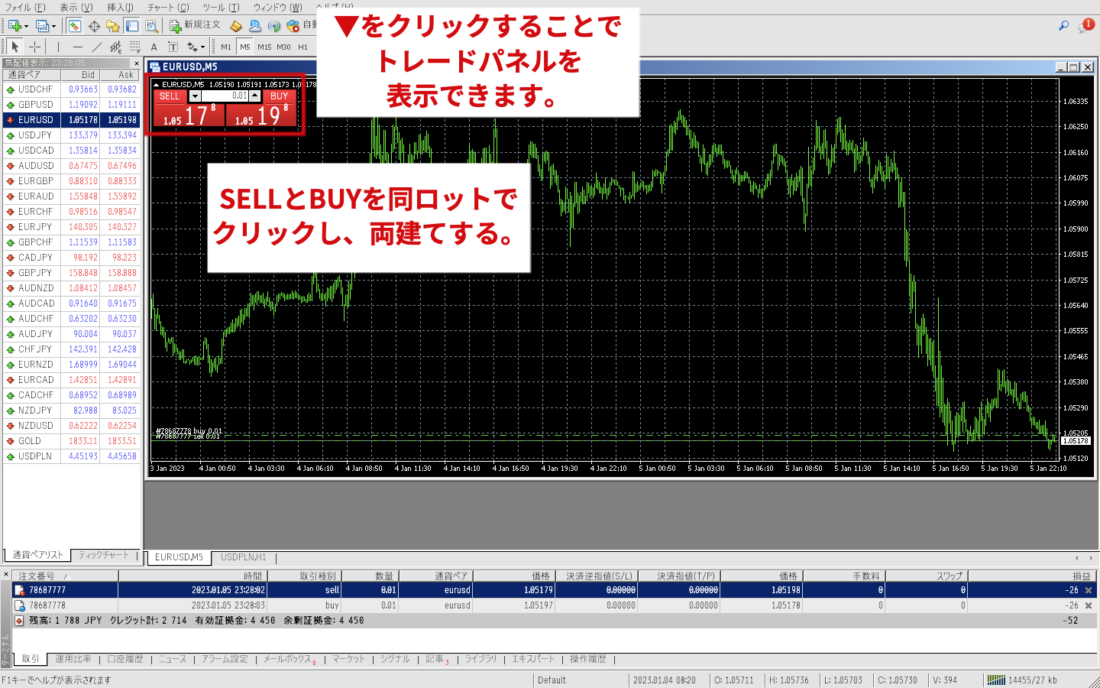 XM MT4 トレードパネルで両建て