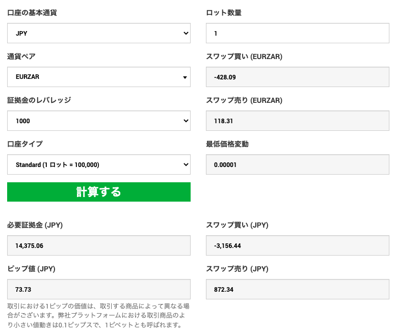 XM ユーロ南アフリカランド オールインワン計算機